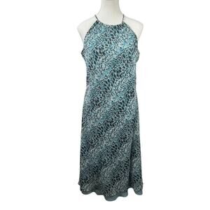 Ann Taylor Dress Women 10 Blue Black Silk Leopard Halter Spice Girl Y2K Beach